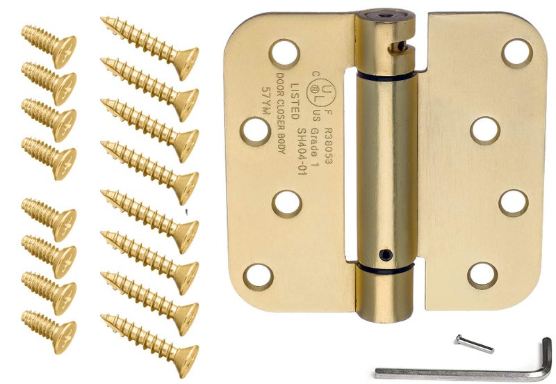 Dynasty Hardware Door Hinges, 4-Inch Spring Loaded Self Closing Hinges with 5/8" Radius Corners, Heavy Duty for Interior or Exterior Doors, Quiet Auto Close Action, 2-Pack, Satin Brass Finish - Image 3